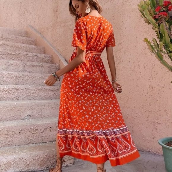 Paisley Floral Butterfly Sleeve Split Thigh Belted Maxi Dress ORANGE - Picture 7 of 8